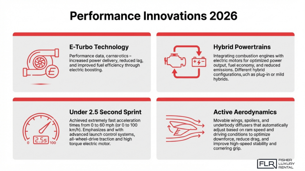 Supercar technology innovations 2026 including e-turbo systems, hybrid powertrains, active aerodynamics, and ultra-fast acceleration