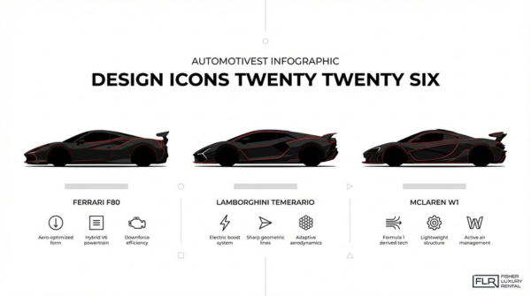 Exotic car design icons 2026 featuring Ferrari F80, Lamborghini Temerario, and McLaren W1 with advanced aerodynamics and hybrid performance styling