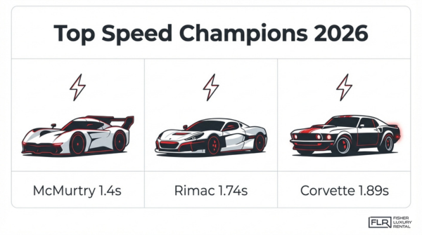 Top speed performance cars 2026 including McMurtry, Rimac, and Corvette with lightning-fast acceleration stats