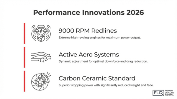 Exotic car performance innovations 2026 including 9000 RPM engines, active aerodynamics, and carbon ceramic braking systems
