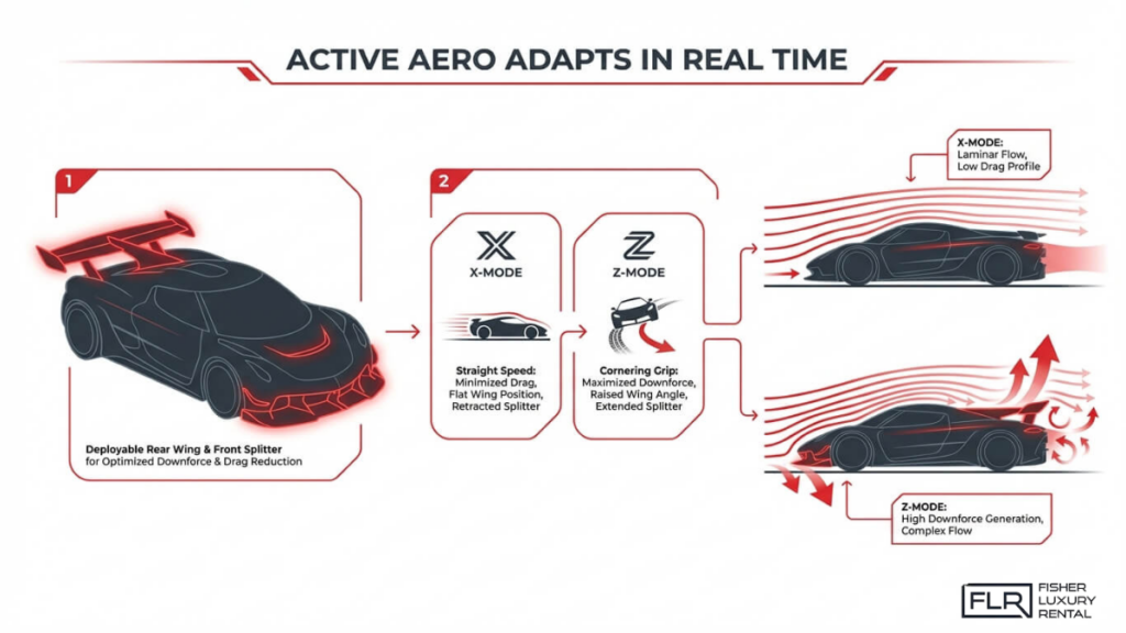 Active aerodynamics system diagram showing adjustable rear wing and airflow modes for speed and cornering performance
