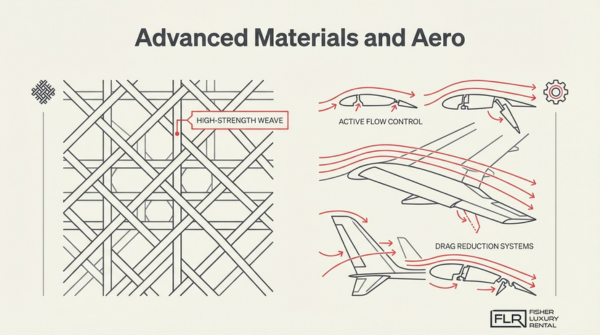 Advanced automotive materials and aerodynamics illustration showing high-strength carbon fiber weave and airflow optimization for drag reduction in performance vehicles