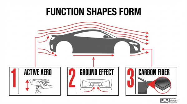 Supercar aerodynamics infographic showing active aero, ground effect, and carbon fiber design shaping high performance vehicle efficiency