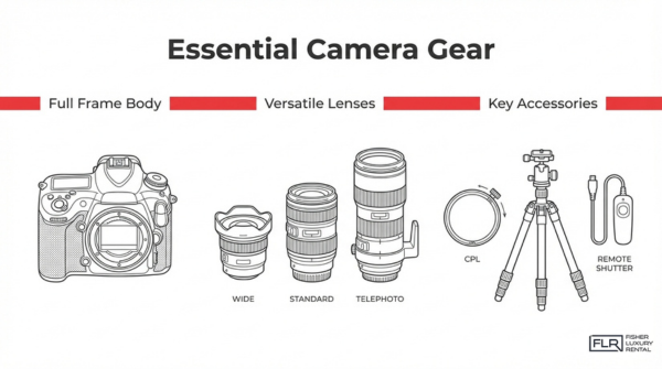 Essential camera gear for car photography including full-frame camera, lenses, tripod, CPL filter, and remote shutter