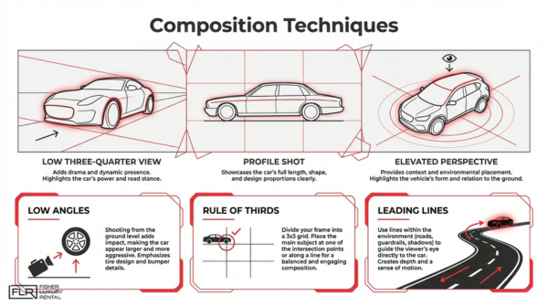 Car photography composition guide illustrating rule of thirds, leading lines, low angles, and perspective techniques