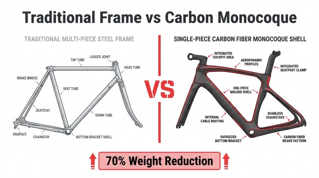 Infographic comparing a traditional multi-piece steel bicycle frame with lugged joints to a single-piece carbon fiber monocoque shell featuring aerodynamic profiles and internal cable routing, highlighting a 70% weight reduction.