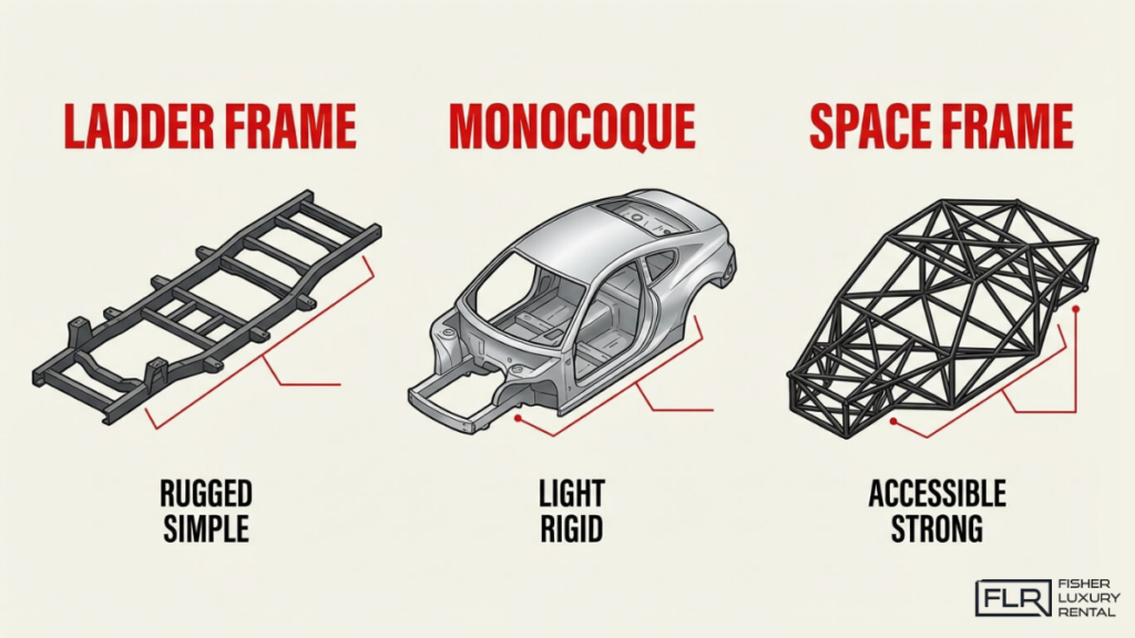 Car chassis types comparison showing ladder frame, monocoque, and space frame structures with strength and design differences