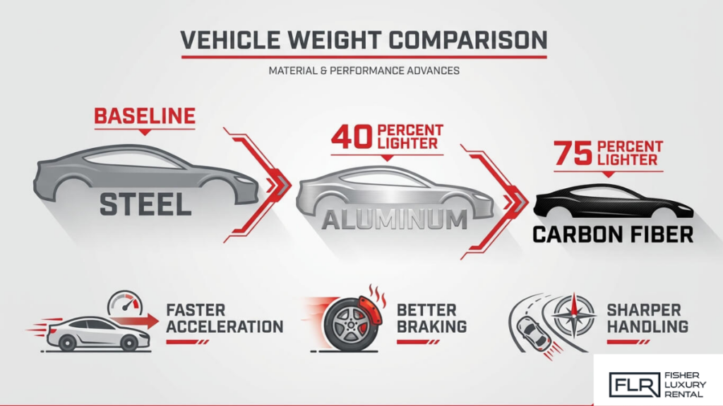 Vehicle weight comparison chart showing steel vs aluminum vs carbon fiber with lighter materials improving acceleration, braking, and handling