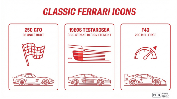 Classic Ferrari icons including 250 GTO, 1980s Testarossa, and Ferrari F40 showcasing design heritage and high-performance milestones