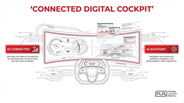Connected digital cockpit in modern cars featuring 5G connectivity, AI assistant, real-time navigation, and smart vehicle dashboard interface technology