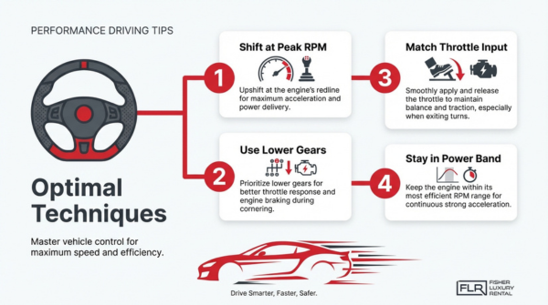 Performance driving techniques infographic showing optimal acceleration tips including peak RPM shifting, throttle control, lower gears, and staying in the power band