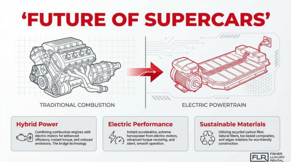 Future of supercars illustration showing transition from combustion engines to electric powertrain with hybrid technology and sustainable materials