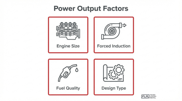 Car engine performance factors diagram highlighting engine size, forced induction, fuel quality, and design type affecting horsepower output