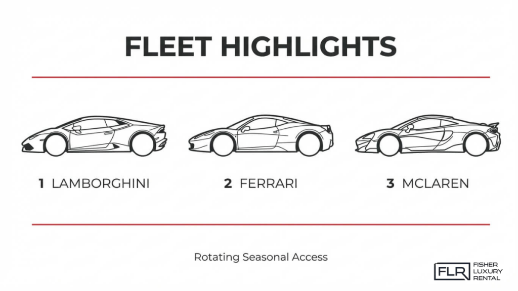 Luxury car fleet lineup featuring Lamborghini, Ferrari, and McLaren with rotating seasonal access
