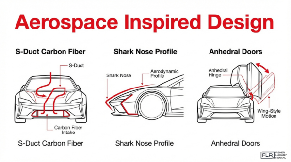 Aerospace inspired supercar design features including S-duct carbon fiber, shark nose aerodynamic profile, and anhedral doors