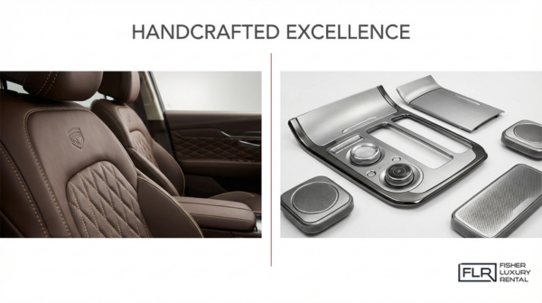 Handcrafted luxury car interior details with stitched leather seats and precision-engineered center console controls in high-end exotic vehicles