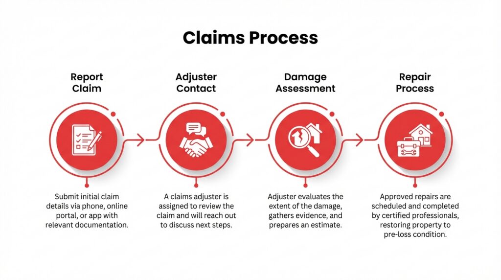 A four-step visual timeline illustrating the exotic car insurance claims process, from the initial report to the final certified repairs.