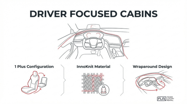 Luxury supercar interior design with driver focused cockpit, wraparound dashboard, advanced materials, and ergonomic seating layout