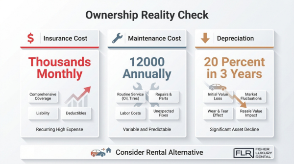 True cost of supercar ownership infographic showing insurance costs, annual maintenance expenses, and depreciation rates compared to rental alternatives