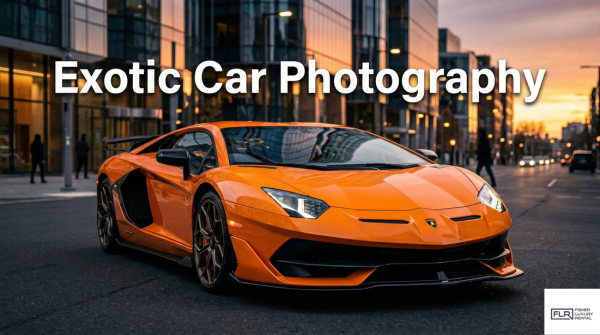Exotic orange Lamborghini Aventador parked on a modern city street during sunset, showcasing luxury car photography style