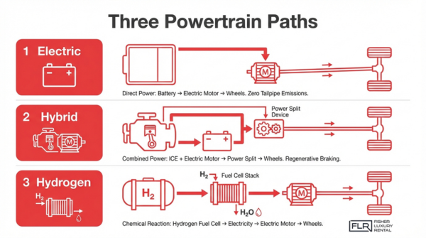 Comparison of electric, hybrid, and hydrogen powertrain systems illustrating battery, combustion engine, and fuel cell technologies in modern vehicles