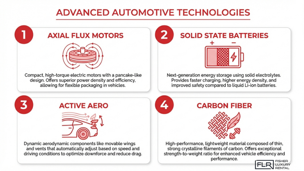 Hypercar technology infographic showing axial flux motors, solid state batteries, active aerodynamics, and carbon fiber construction
