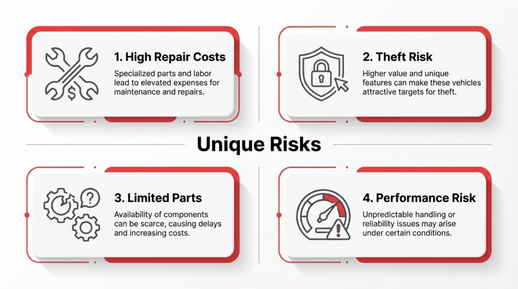 A four-part infographic outlining the unique insurance and ownership risks of exotic cars, including high repair costs, theft risk, limited parts, and performance risks.