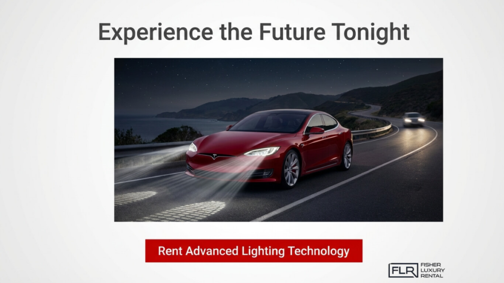 Electric luxury car driving at night with advanced LED headlights illuminating road for enhanced visibility and safety