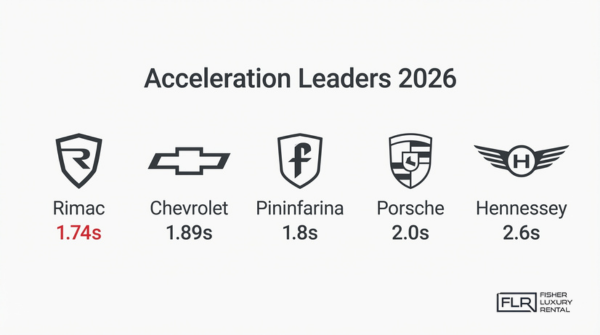 Fastest accelerating luxury cars 2026 comparison featuring Rimac, Chevrolet, Pininfarina, Porsche, and Hennessey with 0-60 mph times