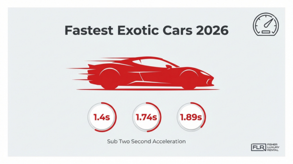 Fastest exotic supercars 2026 with sub-2-second acceleration times illustrated by high-speed red sports car graphic