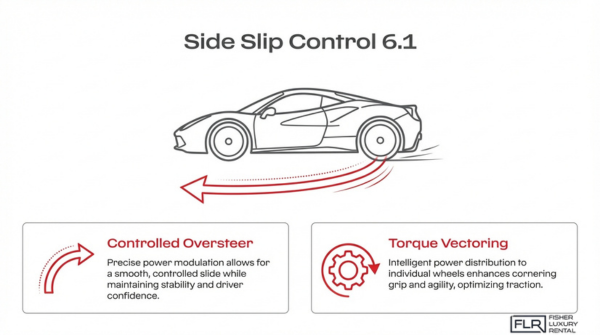 Ferrari Side Slip Control 6.1 system illustrating controlled oversteer and torque vectoring for improved handling and stability