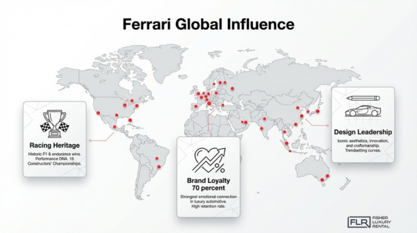 Ferrari global influence map highlighting racing heritage, brand loyalty, and design leadership across international luxury car markets