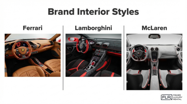 Comparison of Ferrari, Lamborghini, and McLaren interior styles showcasing luxury leather finishes, sporty cockpit layouts, and performance-focused design differences