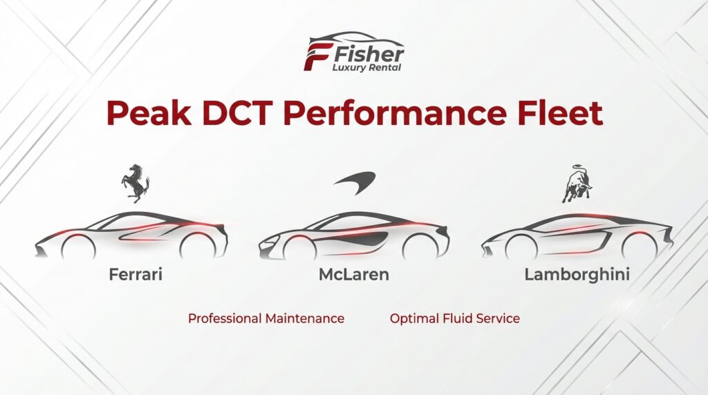 Luxury performance fleet featuring Ferrari, McLaren, and Lamborghini highlighting peak dual clutch transmission performance and maintenance