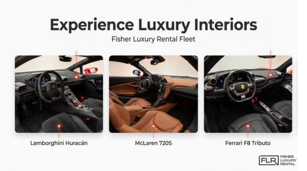 Luxury exotic car interiors featuring Lamborghini Huracan, McLaren 720S, and Ferrari F8 Tributo with premium leather, digital cockpit, and high-performance design