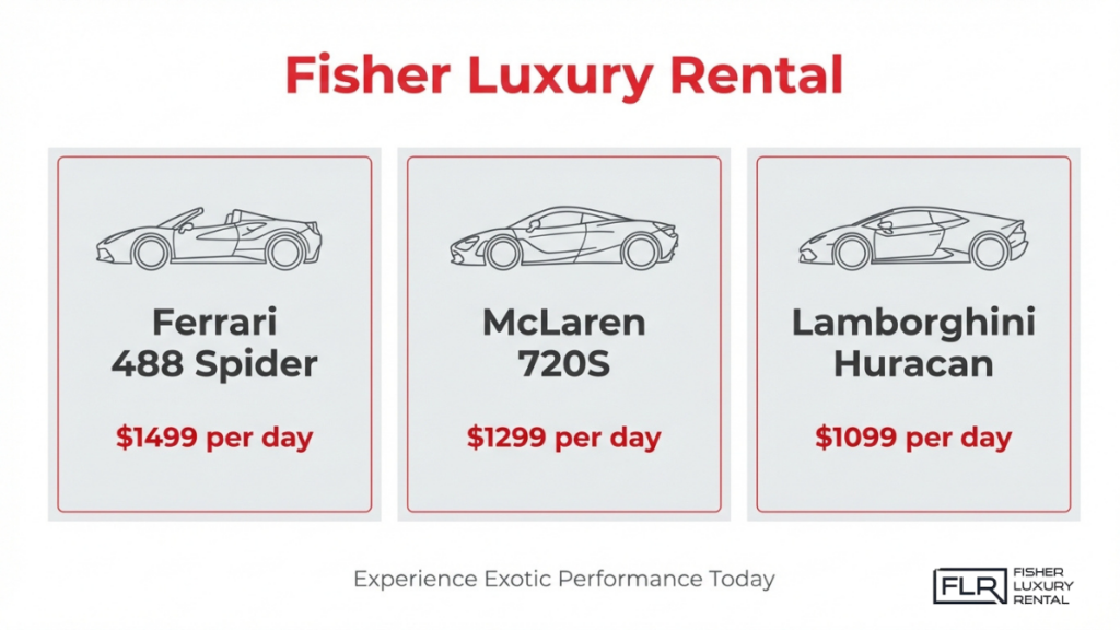 Luxury car rental pricing featuring Ferrari 488 Spider, McLaren 720S, and Lamborghini Huracan with daily rates for exotic car hire