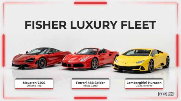 Luxury car fleet featuring McLaren 720S, Ferrari 488 Spider, and Lamborghini Huracan in studio display with clean white background