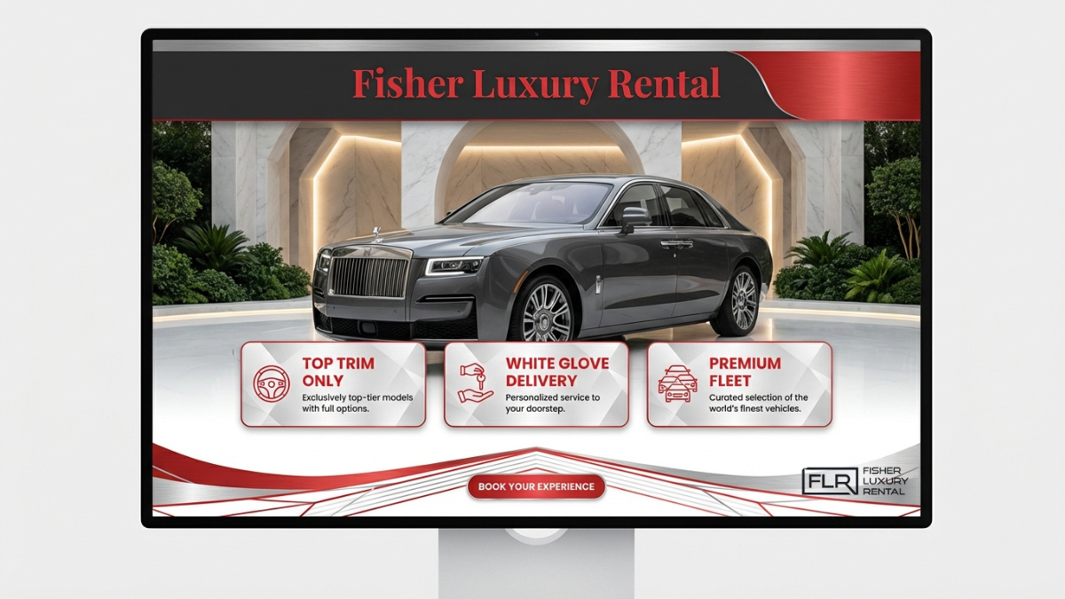 Fisher Luxury Rental website homepage featuring Rolls Royce luxury car with premium fleet, white glove delivery, and exotic car rental services