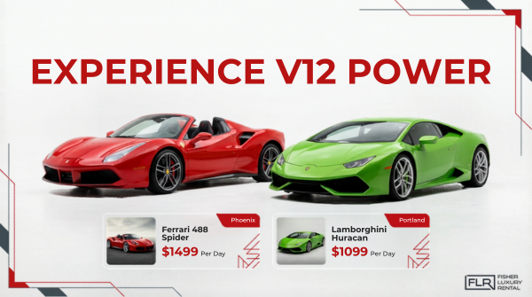 V12 supercar rental featuring Ferrari 488 Spider and Lamborghini Huracan with daily pricing in Phoenix and Portland