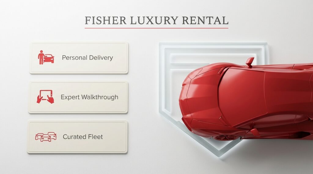 Fisher Luxury Rental infographic featuring a top-down view of a red sports car alongside three core service benefits: Personal Delivery, Expert Walkthrough, and Curated Fleet.
