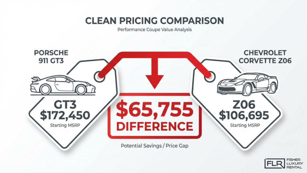 Porsche 911 GT3 vs Chevrolet Corvette Z06 price comparison showing $65,755 difference in starting MSRP