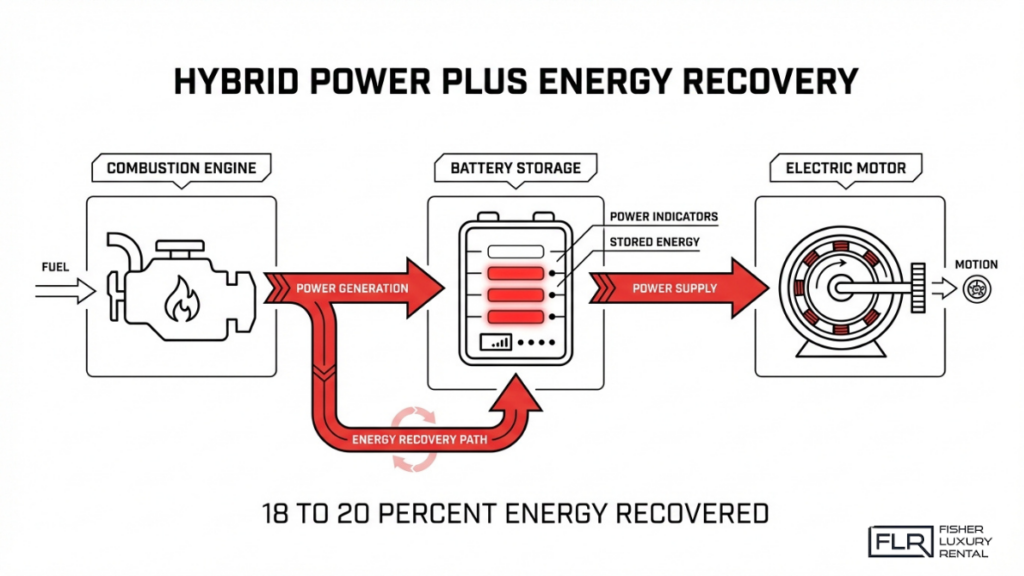 Hybrid powertrain diagram showing combustion engine, battery storage, electric motor, and energy recovery system flow