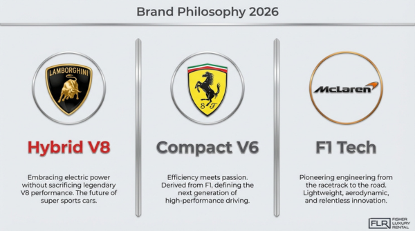 Luxury hypercar brand philosophy comparison highlighting Lamborghini hybrid V8, Ferrari compact V6, and McLaren F1 technology innovation