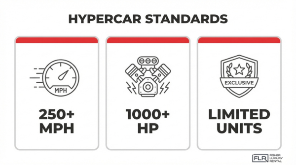 Hypercar performance standards highlighting 250 plus mph top speed, over 1000 horsepower, and limited production exclusivity