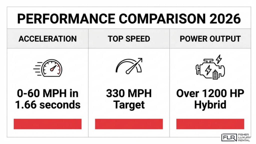 2026 hypercar performance stats showing 0-60 mph in 1.66 seconds 330 mph top speed target and over 1200 horsepower hybrid power