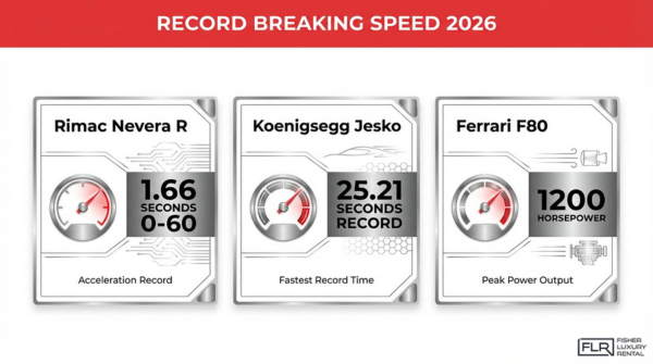 2026 hypercar performance comparison showing Rimac Nevera R acceleration, Koenigsegg Jesko top speed record, and Ferrari F80 horsepower stats