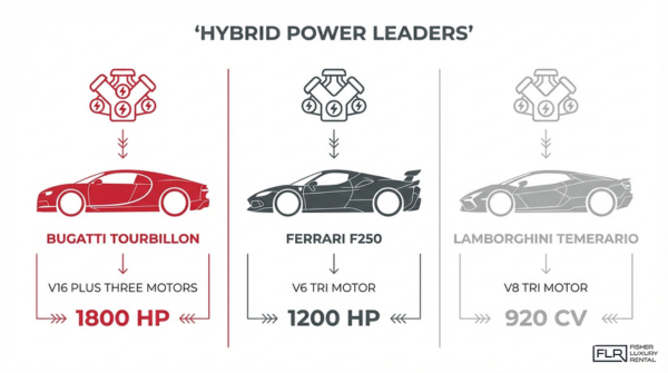 Hybrid hypercar performance comparison featuring Bugatti Tourbillon 1800 HP, Ferrari F250 1200 HP, and Lamborghini Temerario advanced powertrains