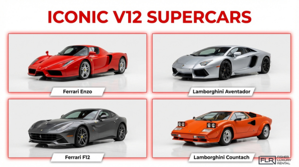 Iconic V12 supercars including Ferrari Enzo, Ferrari F12, Lamborghini Aventador, and Lamborghini Countach models