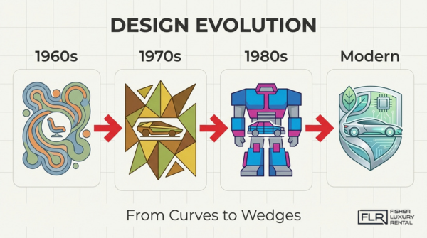 Lamborghini design evolution from 1960s curves to modern wedge-shaped supercars showcasing styling transformation across decades