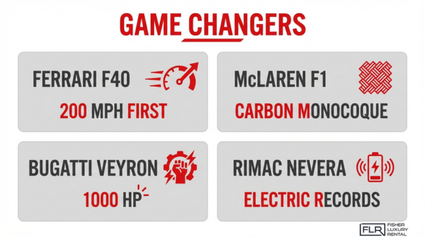 Iconic supercar milestones including Ferrari F40 200 mph, McLaren F1 carbon monocoque, Bugatti Veyron 1000 hp, and Rimac Nevera electric performance records
